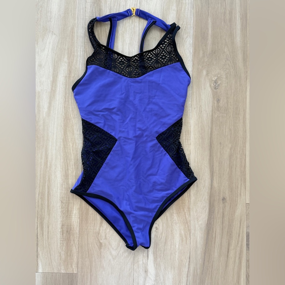 Adore Me Dark Purple and Black One-Piece Swimsuit with Lace Cut-Outs